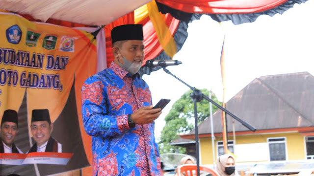 Jon Firman Pandu, Wakil Bupati Terpilih Kabupaten Solok saat beri kata sambutan di acara Grand Design Pemajuan Kebudayaan Nagari Koto Gadang Koto Anau, Sabtu 3 April 2021. (Dok. Istimewa)